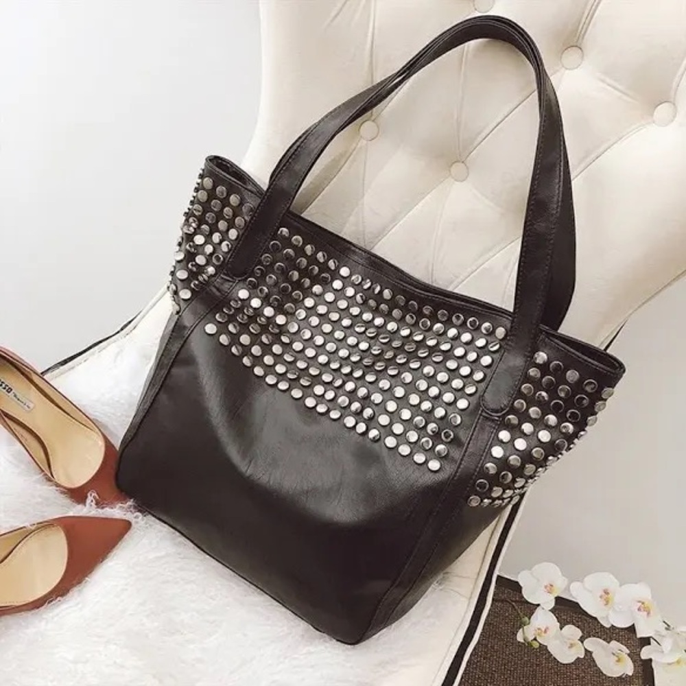 Black Studded Tote Bag with Metallic Detailing